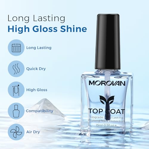 Morovan Top Coat Nail Polish: Clear Quick Dry High Glossy Nail Polish Shiny No Chip Long Lasting Air Dry Top Coat for Nail Art Manicure Salon Quality