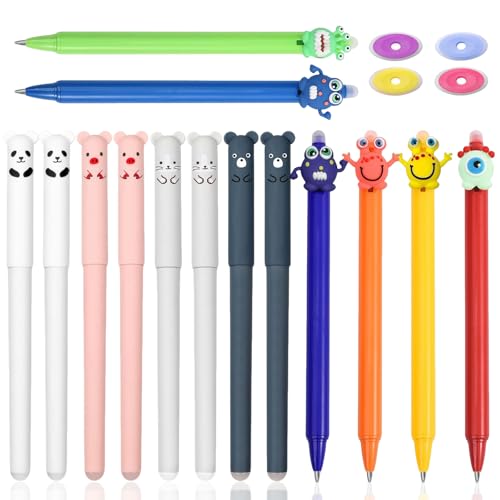 LHOEST Boligrafos apagáveis 18 peças Bolis apagáveis animais canetas apagáveis crianças caneta esferográfica apagável azul preto Bolis apagáveis canetas de gel 0,5 mm com borracha elástica caneta para