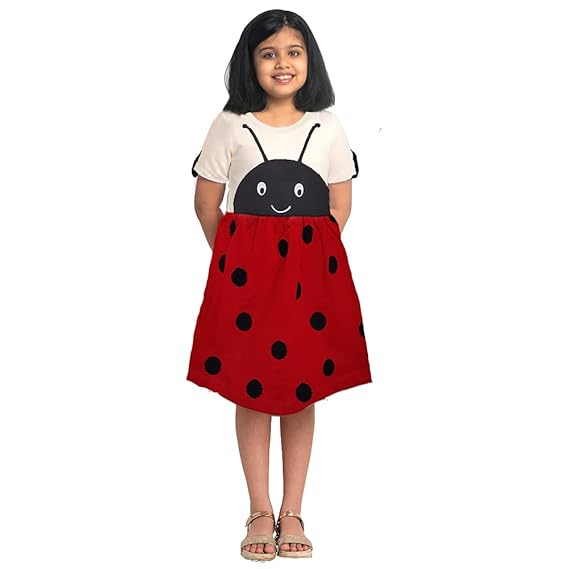 YouGotPlanB 100% Cotton Ladybug Print Half Sleeve Winter Dress for Girl