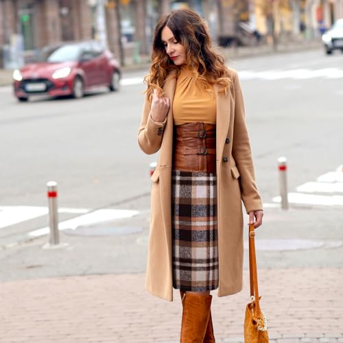 Coume 2 Pack Womens Wool Midi Plaid Skirts 2025 Fall Winter Pencil Knee Length High Waisted Bodycon Skirt with Slit(Brown, Dark Khaki,M)
