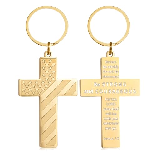 Image of DuoDiner Cross Keychain for Men American Flag Bible Verse Christian Gifts