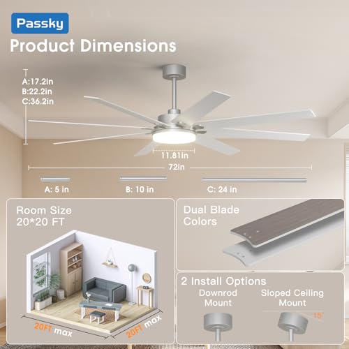 Image of 72 inch Ceiling Fans with Lights, Large Modern Ceiling Fan with Light and Remote Control, Reversible, Dimmable, 3CCT, Quiet, Nickel Ceiling fan For Bedroom Living Room Patio Farmhouse, Indoor /Outdoor