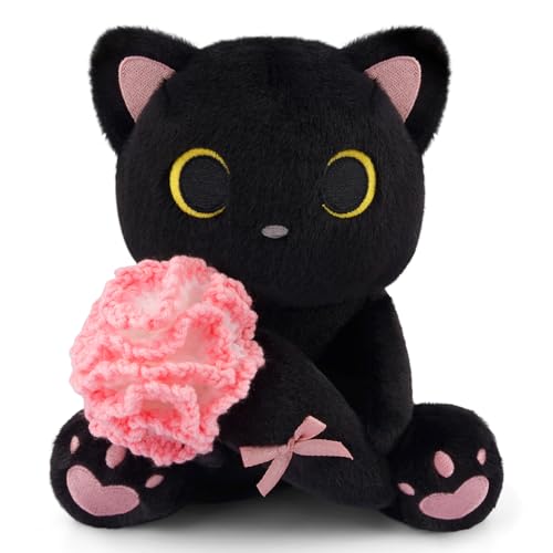 Image of Black Cat Plush Holding Crochet Flower - 8 inch Kawaii Stuffed Cat with Handmade Pink Carnation, Soft Cute Plush Stuffed Animals for Girls Kids, Birthday Gift
