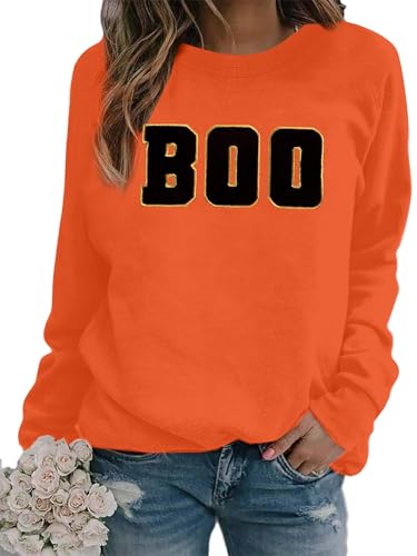 MYHALF Felpa di Halloween per le donne Boo maglioni ricamati carino spettrale stagione camicia a maniche lunghe autunno inverno pullover top, Arancione, XX-Large