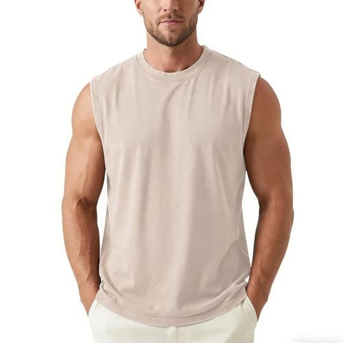 Men's Wash Cotton Tank Tops Sleeveless Round Neck Vintage Muscle Tee Shirts Summer Fashion Casual Beach Sport Tops Beige