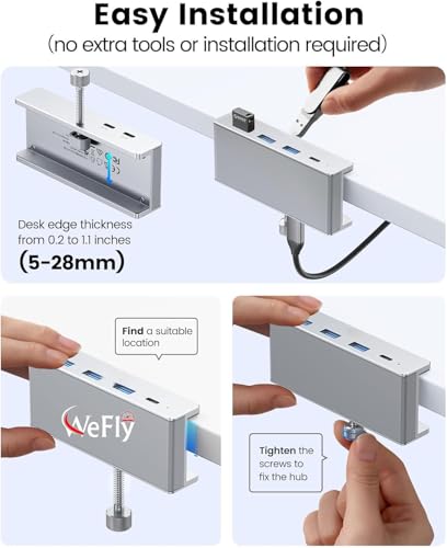 Image of USB Hub 3.0, Clamp USB Hub with Extra Power Supply Port, Aluminum 4-Port USB Adapter with 3 USB-A Data Ports, USB-C Port for Monitors, Desks Desktops, Keyboards, Laptops, Smartphones, (MHPC 5IN 1)