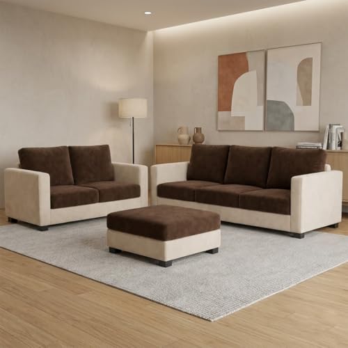 Image of FURNY Haster 3 Seater + 2 Seater Fabric Sofa Set with 1 Ottoman (Dark Brown-Cream) with Velvet Finish | Durable Comfort | Ideal for Living Room