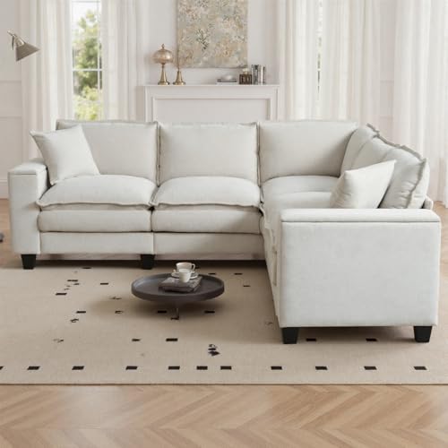 Image of 97 inch L Shaped Couch Corner Sofa, 5 Seater Oversized Cloud Couch with 2 Pillows Chenille Modular Sectional Sofa Armrests with Two Hidden Storage Space Sectional Couches for Living Room Beige