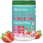 Poudre de protéines tout-en-un Organika gâteau aux fraises avec 20 g de protéines, 15 vitamines et minéraux provenant de vrais fruits et légumes, 5 milliards de CFU de probiotiques, 4 g de fibres prébiotiques, enzymes digestives, 1 g de sucre - 640 g