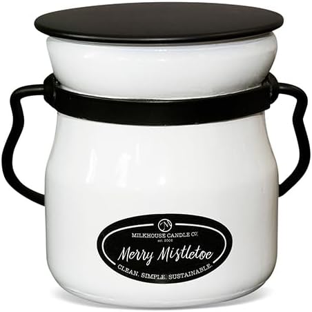 Milkhouse Candle Company, Merry Mistletoe, Creamery Collection, Vela de soja perfumada Vela en tarro de mantequilla, tarro de crema pequeño