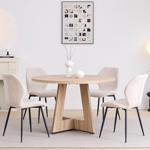 Image of 47 inch Round Dining Table Set for 4, Kitchen Table and Chairs | Wooden Cross Base, Boucle Fabric Chair, for Apartment