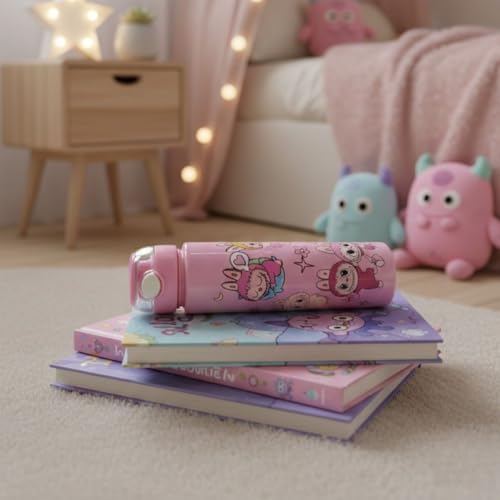 Image of Cartoon Printed Plastic Water Bottle for Kids Leak Proof Flip Cap Sipper Bottle with Strap School Drinking Bottle for Boys Girls Travel Office Use 900 ML (Pink)