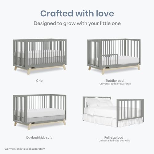 Image of Dream On Me Hygge 5-in-1 Convertible Full-Size Baby Crib in Sea Grass & Vintage Oak, GreenGuard Gold & BSA, Converts to Toddler, Day & Full-Size Bed, Adjustable Mattress Heights, Modern Nursery