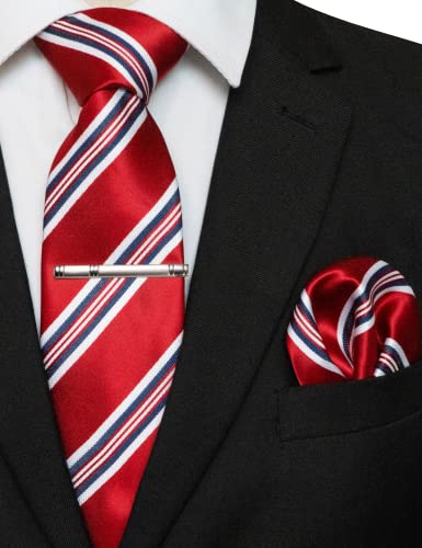 Rbocott Red White Blue Stripe Tie And Pocket Square With Tie Clip Sets For Men Business Necktie(20) #TOP1