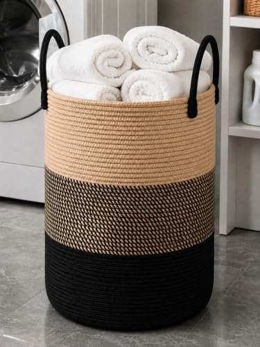 Image of Large Laundry Basket - Rope Hamper for Dirty Clothes, Towels, Toys, Blanket, Pillows in Living Room, Bedroom and Laundry Room (Size - 14 inch x 14 inch x 18 inch) (Beige Black Mix)