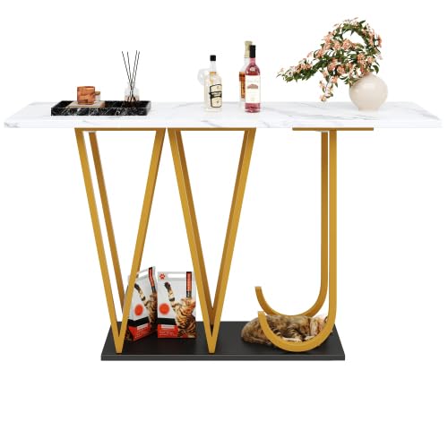 Table à manger étroite 120 x 29,5 cm avec aspect marbre, table de cuisine peu encombrante pour couloir, balcon, pieds en métal doré et plateau de fond noir, blanc/doré