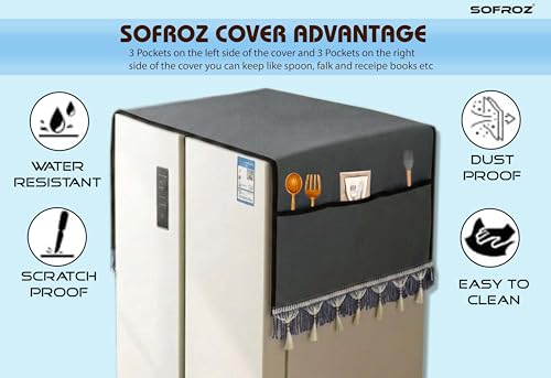 Image of Refrigerator Double Door Waterproof, Dustproof, Protective Cover for Fridges with Extra Storage Space Nylon Top Cover with 6 Storage Pockets (170 x 65 cm) (Grey Lace)