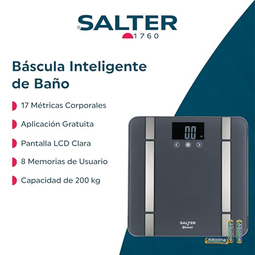 Salter SA00432GFEU6 Balanza digital inteligente para baño - 200 kg, mide el peso, grasa corporal/agua, masa muscular/ósea, BMI/BMR, conecta al teléfono con la aplicación Salter Health gratuita, gris - imagen 2