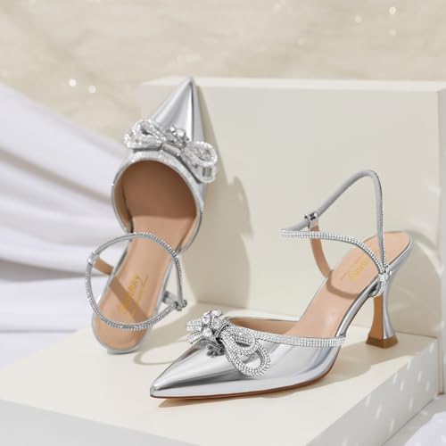 Image of Susanny Women's Closed Toe Rhinstone Wedding Low Heel Slingback Clear Kitten Heels,Adjustable Strap Pointed Toe Bow Pumps High Heeled Prom Dress Shoes