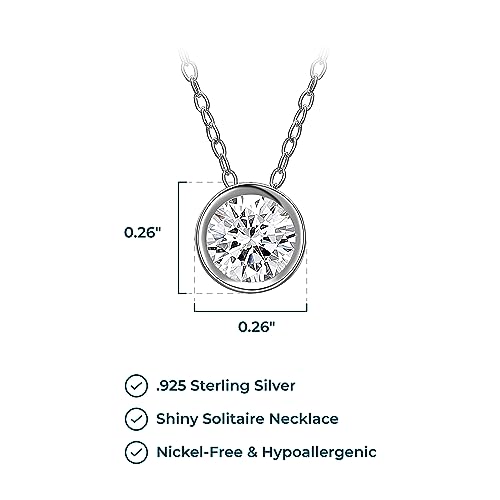 MORGAN & PAIGE .925 Sterling Silver Platinum Plated Solitaire 1/4" Round Cubic Zirconia Necklace - Elegant Crystal Bezel Set Dainty Sterling Silver Necklace for Women, Hypoallergenic 18in Cable Chain3