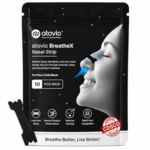 Image of Atovio BreatheX Nasal Strips for Breathing & Snoring Relief, 10 Strips | Extra Strength Anti-Snoring Nose Strips for Nasal Congestion Relief | Sweat-Proof & Hypoallergenic Adhesive | Instant Airflow for Sleep & Sports | CDSCO Licensed - Black