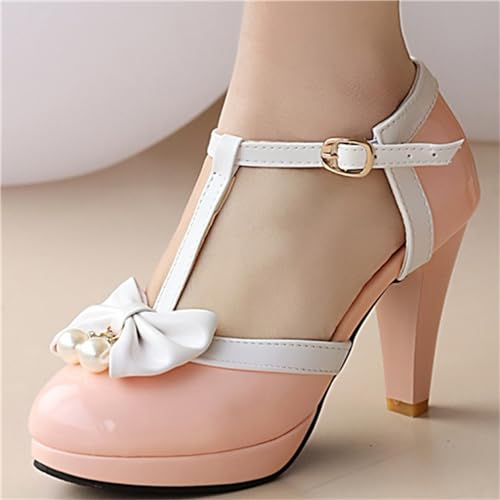 Image of Elbslutt Women's Cute Retro Rockabilly Shoes T Strap Mary Janes Heels Chunky Cosplay Shoes Sweet Block Heeled Bow Pumps