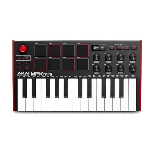 Akai Professional MPK Mini MK3 - Teclado Controlador MIDI USB de 25 Teclas con 8 Drum Pads, 8 Perillas y Software de Producción Musical Incluido, Standard, Color Rojo