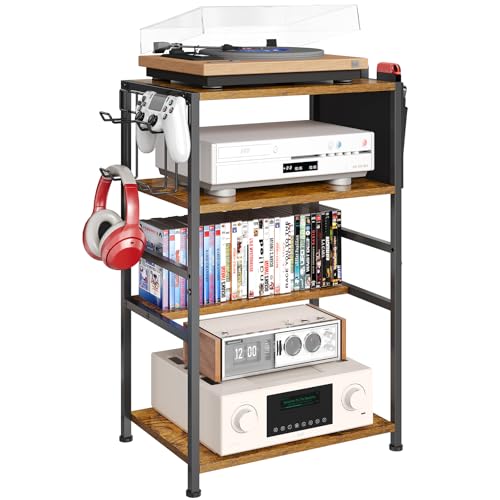 4-Tier AV Media Stand,Game Console Stand with 4 Hooks and Fabric Bags,DVD Shelf,Media Storage Cabinet,Audio Rack Record Player Stand Small Entertainment Center for Home Dorm, Apartment