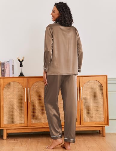 Image of Ekouaer Pajamas for Women Silk Satin Button Down Long Sleeve Pajama Sets