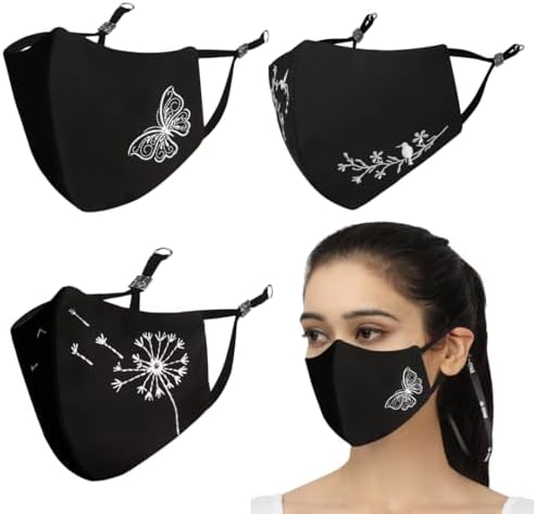 MASQ By Q-One 4 Layer Washable, Reusable, Size Adjustable, Anti-Bacterial (BFE>99%) Embroidered Cotton Cloth Face Mask Combo for Women, Girls ​each with Lanyard & Ear Loops (Black, Pack of 3)