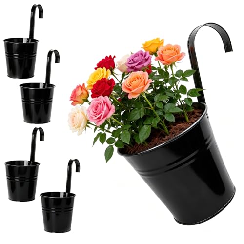 YNNHUDEEP Set di 4 vasi da fiori sospesi per esterni, 16 cm, altezza 26 cm, con staffa rimovibile e foro di drenaggio, per balconi, ringhiere e terrazze, in ferro zincato, resistente alle intemperie