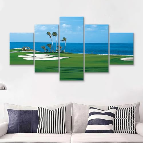 Peinture decorative murale terrain de golf mer 5 panneaux pour habiller un mur