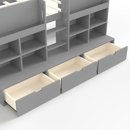 Image of Twin Size Low Loft Bed for Kids with Storage Shelves, Play Curtain & Chalkboard,Space-Saving Design,No Box Spring Needed (Gray-S7)