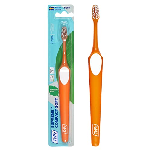 Cepillo de dientes TePe Supreme Compact, Suave, 1 ud., filamentos en dos niveles para un alcance excelente, cepillo de dientes de cabezal pequeño para niños