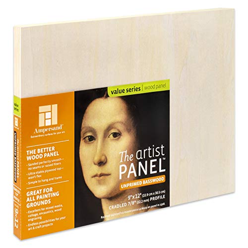 Ampersand Art Supply Unprimed Basswood Artist Panel 7/8" Cradled Profile, 9"X12" #TOP10