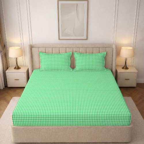 Image of MORADO Glace Cotton Flat Bedsheet for Double Bed with Zipper Pillow Covers, Soft Breathable Comfortable Bedding Sheet, Wrinkle Resistant Bed Cover for Bedroom Home Use 90x100 Inches,Green Check