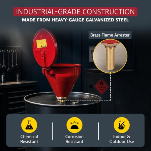 Image of Justrite Drum Funnel for Flammables, Self-Closing Cover, Red, Made in USA