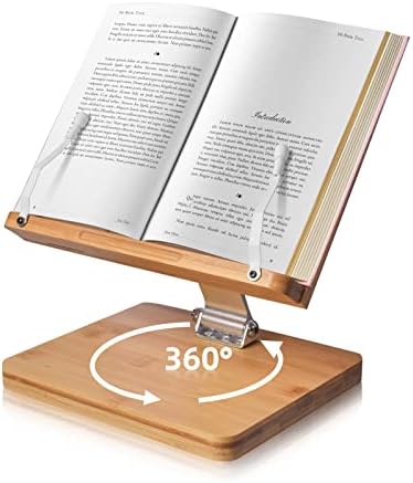 FAOTUR Book Stand for Reading, Adjustable Holder with 360° Rotating Base & Upgrade Page Clips, Foldable Desktop Ricer for Cookbook,Sheet Music,Laptop,Recipe,Textbook,Hands Free (M)