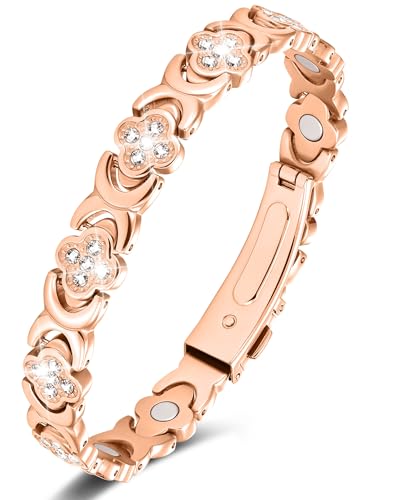 Jeracol 99% Copper Bracelet for Women Magnetic Bracelet for Women with Lucky Clover Design Adjustable Length with Sizing Tool in Gift Box(Rose Gold)