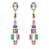 YEPZOKO Pendientes colgantes cuadrados de cristal para mujeres y niñas, diamantes de imitación de circonita cúbica, piedra natal, coloridos aretes geométricos iridiscentes para mamá, esposa, baile de