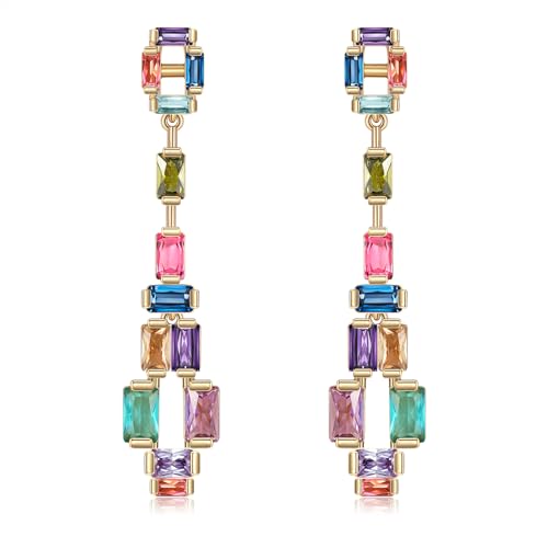 Crystal Dangle Drop Earrings for Women Multicolor Long Crystal Chandelier Iridescence Cubic Zirconia Square Statement Drop Earrings for women
