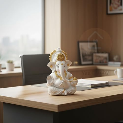 Image of White & Gold Ganesha Idol Car Dashboard Idol Ganesha Murti Ganpati Idol for Home Decor Pooja Lord Ganesh Statue Gift for Office Desk Pooja Room (Ganesha Resin White & Gold)