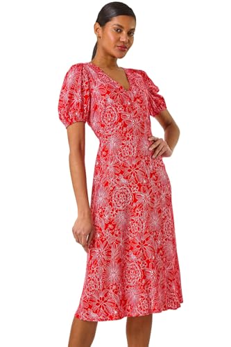 Roman Originals Tea Dress for Women UK Ladies Skater Swing Fit & Flare Flattering Summer Knee Length Frill Hem Ruched Chest Casual Smart Cocktail Party Going Out - Red Floral - Size 16
