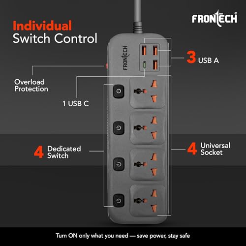 Image of FRONTECH Power Extension Socket | 2500W Heavy Duty Extension Board with 4 Universal Sockets, 3 USB-A + 1 USB-C Ports, Individual Switches, 3 Meter Copper Cable | 1 Year Warranty (FT-3566)