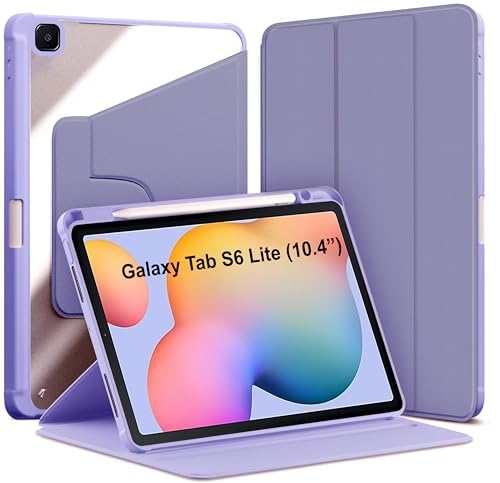 Image of TGK Rotating Case for Samsung Galaxy Tab S6 Lite 10.4 inch SM-P610 P615 P613 P619 with Pencil Holder Trifold Stand Cover Clear Back (Lavender)