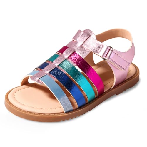 Dodow Girls Sandals Open Toe Hook and Loop Flat Dress Sandals Summer Shoes for Toddler Little Kid