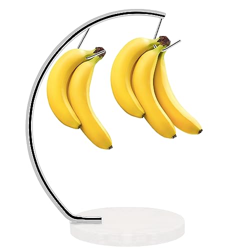 Livabber Marble Banana Holder with Metal Hanger, Modern Tree Stand with Hook, Stylish Banana Keeper Fresh Fruit Storage Organizer Freestanding for Kitchen Countertop (Chrome, Double Hook)