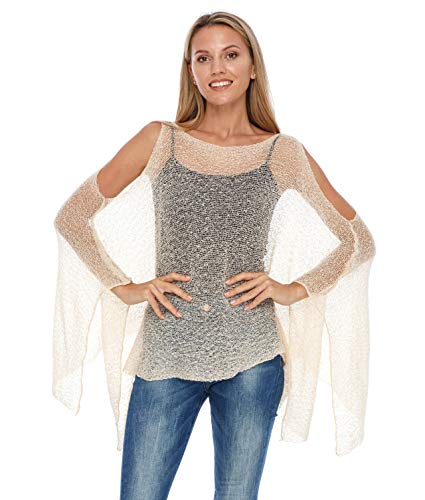 SHU-SHI Womens Lightweight Summer Poncho Shrug Cold-Shoulder Tunic Top Cover Up