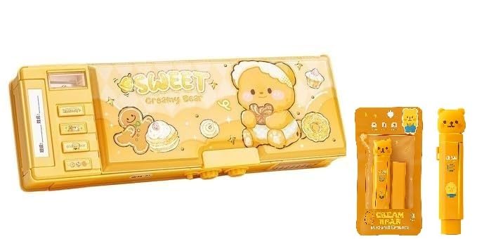 Image of New Cartoon Theme Pencil Box with Push Pull Eraser Set for Kids | Suitcase Style Password Lock Stationery Organizer | School Supplies Gift Combo for Boys & Girls (Sweet Bear Compass + Earser)