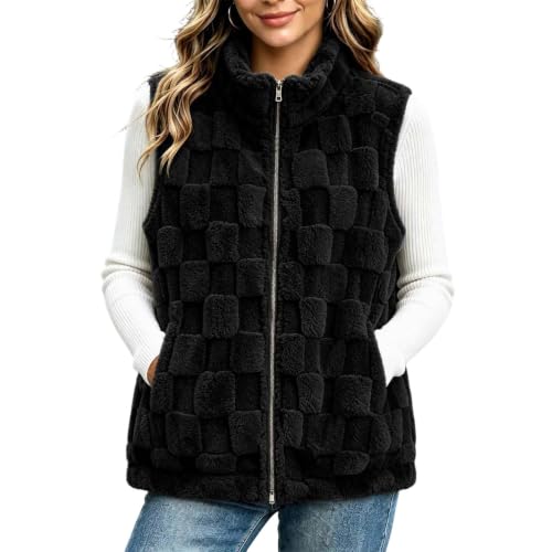 Womens Sherpa Fleece Vest Textured Zip Front Pockets Casual Fall Layering - image 1